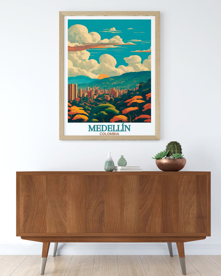 Celebrate the balance between city life and nature with this Medellín Travel Print, featuring the vibrant streets of Medellín and the lush beauty of Parque Arví. A great gift for travelers and art lovers alike.