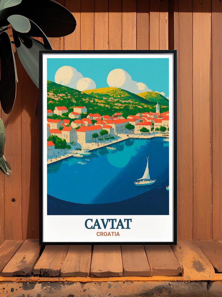 This Cavtat Harbor poster print beautifully captures the serene coastal charm of Cavtat, Croatia, with its tranquil marina, vibrant boats, and Mediterranean architecture, perfect for those who cherish the beauty of the Adriatic coast.