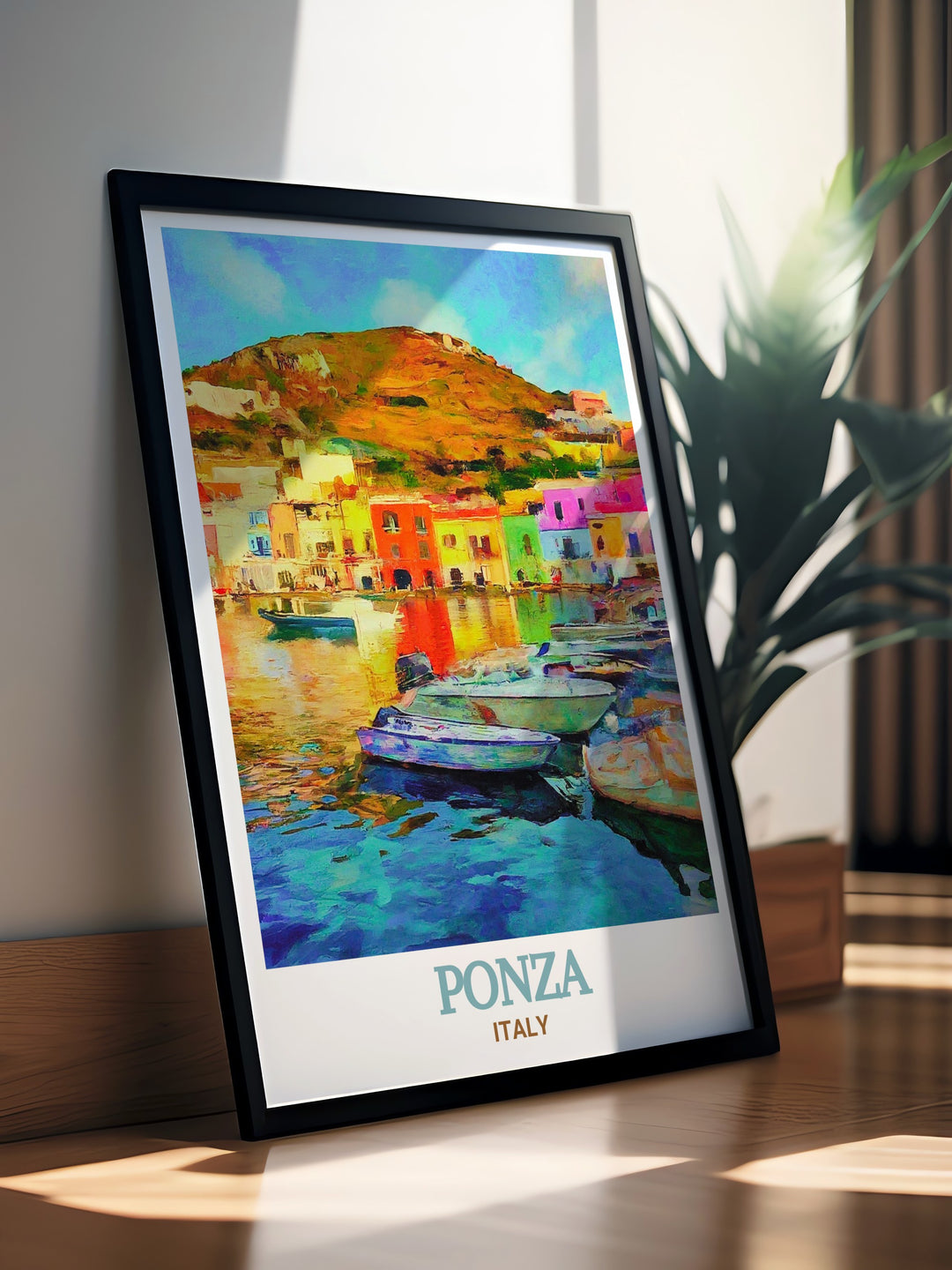 Italys Ponza Harbor is known for its vibrant colors and serene setting. This print captures the lively spirit of the harbor, with its array of boats and waterfront architecture. Ideal for those who love Italian coastal scenery, this artwork adds warmth and charm to any decor.