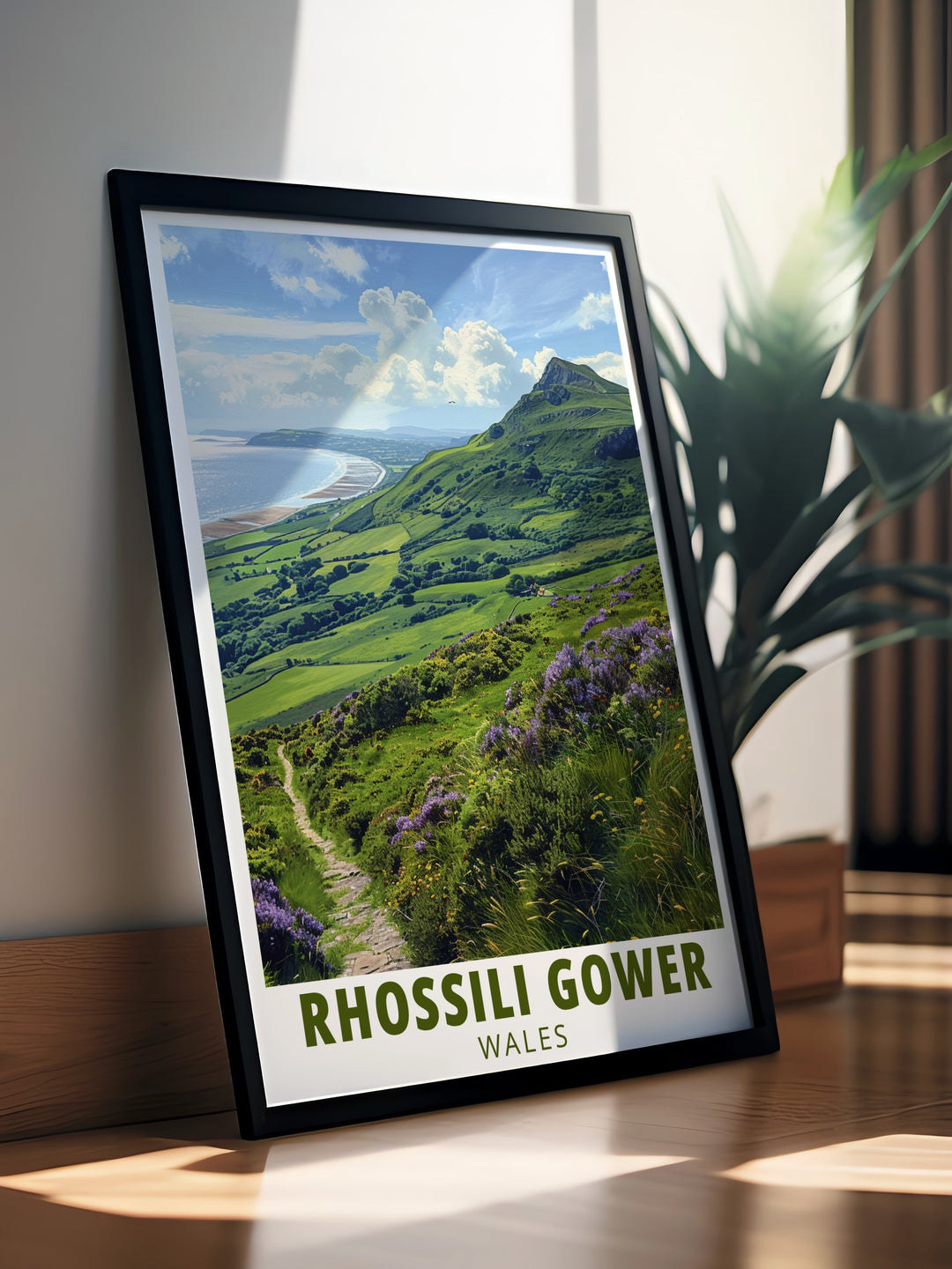 Rhossili Down framed print featuring serene beach scenery perfect for modern living room decor