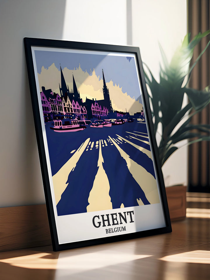 Belgium travel print featuring Graslei harbor Cloth Hall Lakenhalle offers unique and thoughtful gift ideas for any occasion