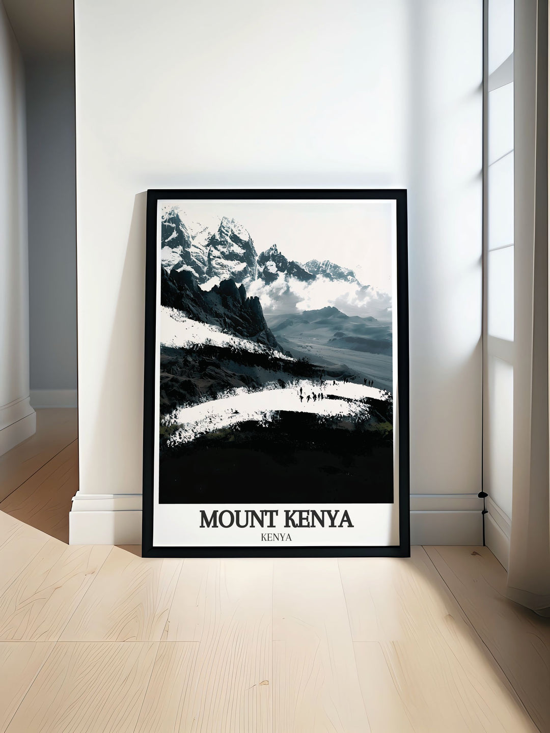 Mount Kenya poster showcasing Batian and Nelion Peaks and Point Lenana with a vibrant color palette ideal for travel enthusiasts and modern art lovers perfect for living room decor or as a personalized gift for special occasions