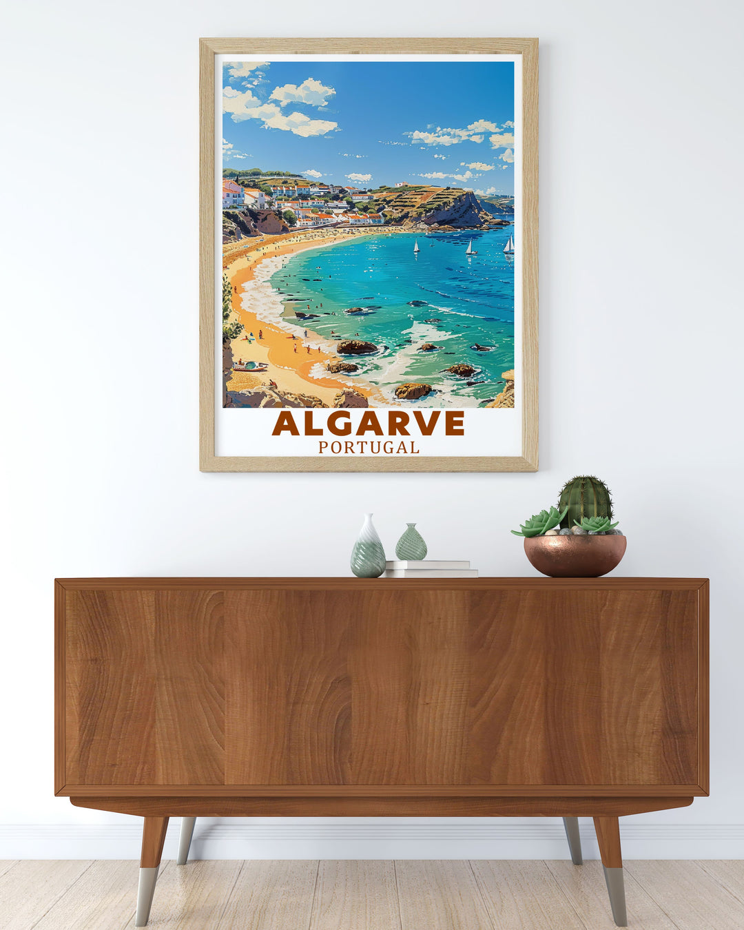 Featuring Lagos in the Algarve, this art print highlights the stunning coastline and serene ocean views, making it an ideal piece for beach lovers and coastal decor enthusiasts.