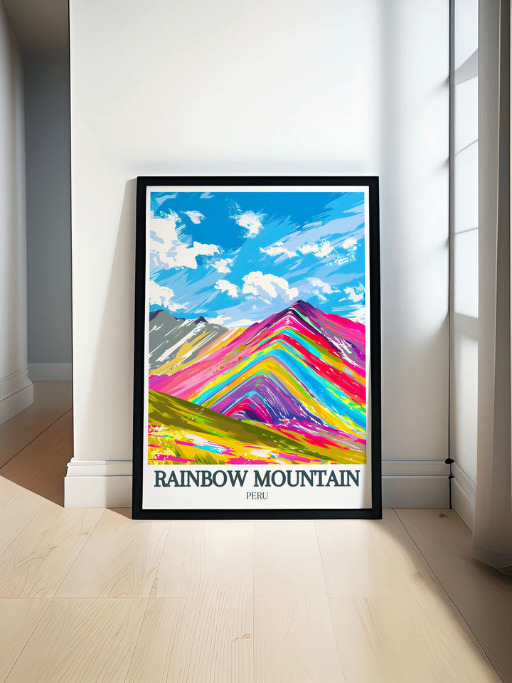 Rainbow Mountain art showcasing the vibrant colors of the Cusco region Andes Mountains ideal for modern home decor and Peru wall art enthusiasts bringing a touch of Peru to your living space.