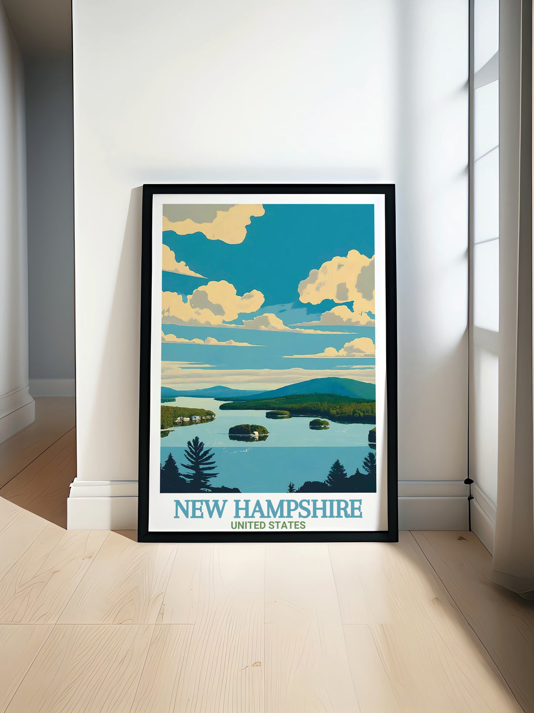 Celebrate the scenic beauty of New Hampshire with this Lake Winnipesaukee Travel Print. This artwork brings the tranquility of the lake and the majesty of Mount Washington into your home, ideal for lovers of nature and adventure.