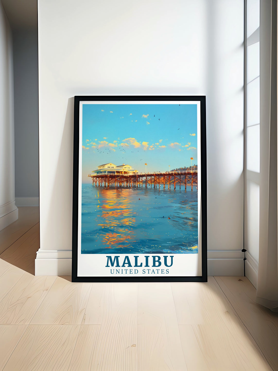 Capture the essence of Californias coastal charm with this Malibu Pier travel print. Featuring the serene beauty of Malibu, this poster makes a perfect addition to your wall art collection, blending vintage aesthetics with modern decor.