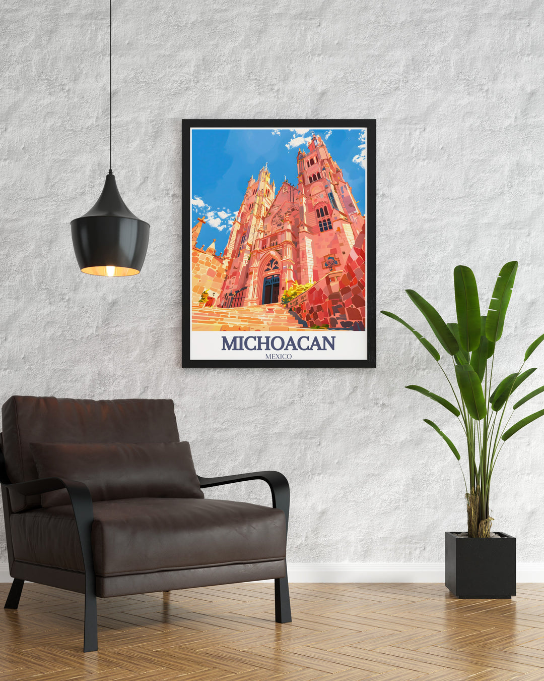 The majestic Morelia Cathedral stands tall in this Michoacán travel print, offering a vibrant depiction of Mexicos historic skyline. This poster print is ideal for home décor, providing a vintage aesthetic that blends modern color palettes with Morelias rich heritage.