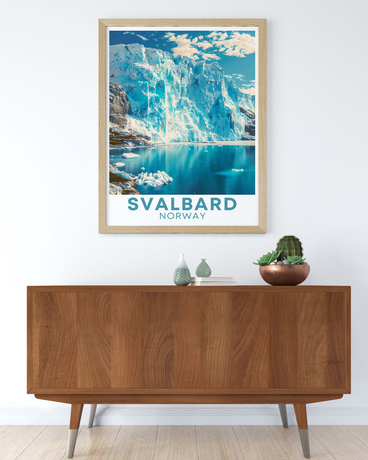Breathtaking Svalbard painting of the Nordenskiold Glacier in its icy habitat. This travel poster print is a perfect wall decor choice and an excellent gift for birthdays anniversaries and Christmas celebrations.