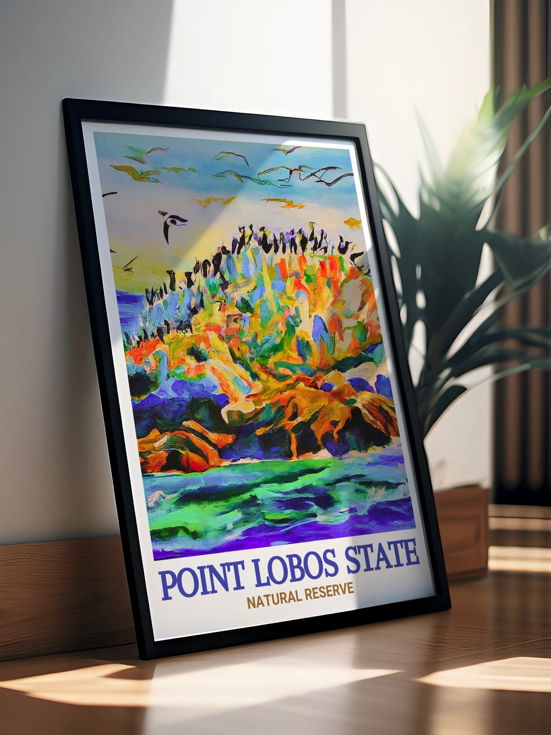 Vintage poster of Point Lobos, capturing the classic charm and natural splendor of the State Natural Reserve and Bird Island. This print is perfect for those who love travel inspired art that evokes the beauty and tranquility of nature.