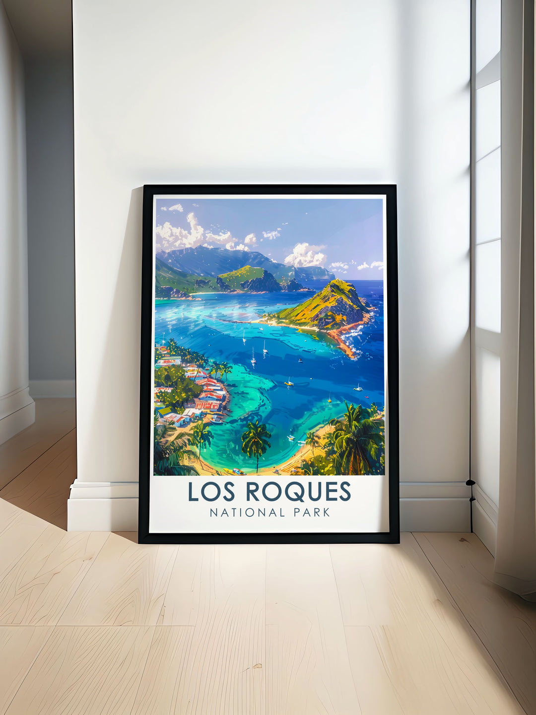 A retro inspired travel poster highlighting Venezuelas Angel Falls, the worlds tallest waterfall, alongside the serene coastal beauty of Los Roques National Park. This poster print is a must have for lovers of nature and adventure.