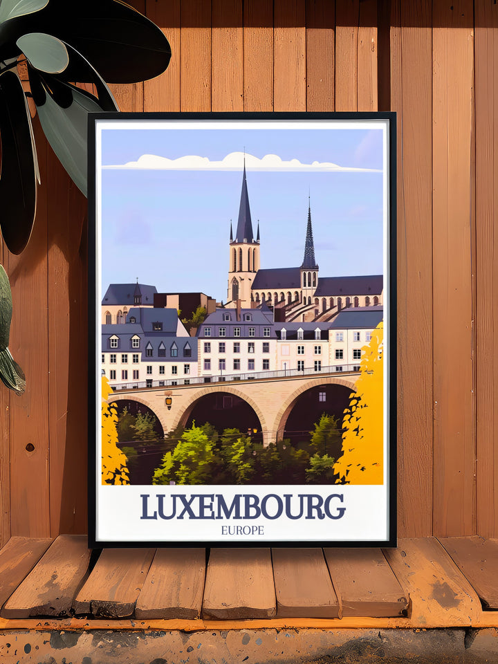 The Grand Ducal Palace Poster Print offers a stunning view of one of Luxembourgs most iconic landmarks. Accompanied by the Adolphe Bridge, this travel print provides a unique look at the citys historic architecture, making it an exceptional piece of wall art for travel lovers and art collectors.