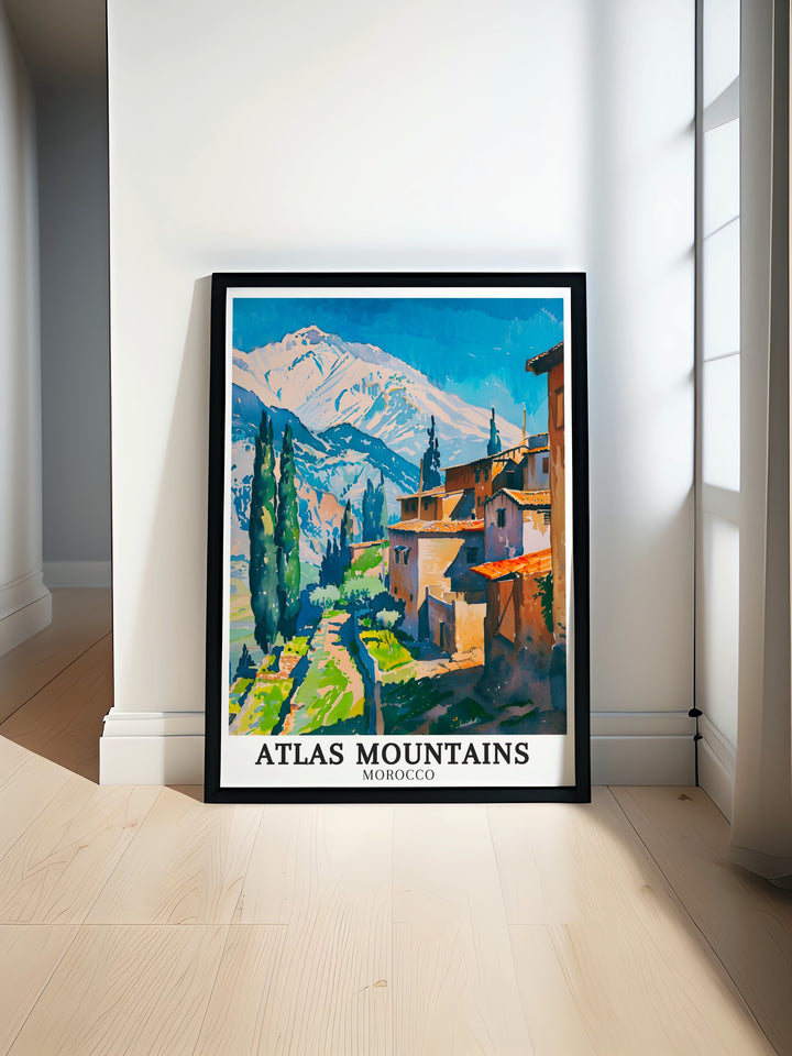 Chefchaouen Morocco art print featuring the Blue City nestled in the Rif Mountains surrounded by the culture of Berber villages Berbers modern prints perfect for home decor and those who love Morocco travel posters and vintage travel prints