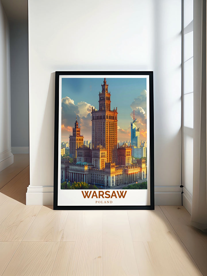 Palace of Culture and Science modern print brings iconic Warsaw architecture to life in this stunning artwork perfect for enhancing your living room decor and adding a touch of Polish culture to your home with elegant and detailed art prints.