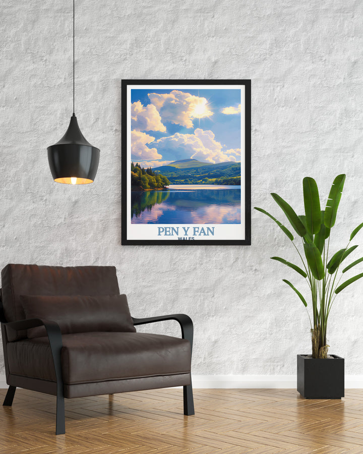 Pontsticill Reservoir Wall Art featuring the peaceful Welsh reservoir with the towering peak of Pen y Fan in the background. This canvas art brings the beauty of Wales into your living space, perfect for those who love the outdoors.