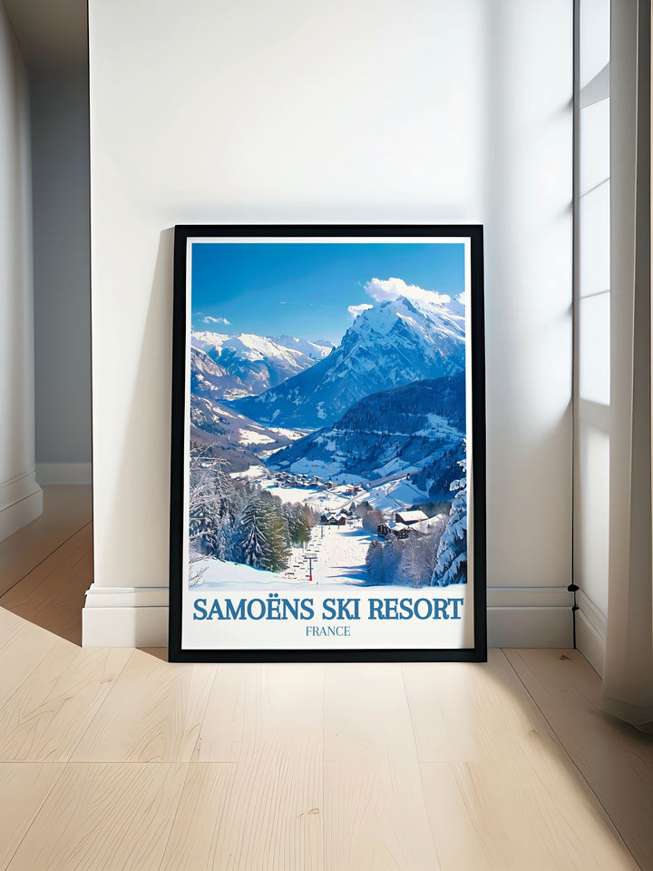 Snowboarding Poster featuring Mont Blanc Grand Massif French Alps capturing the thrill of snowboarding in the stunning landscapes of Morillon Ski Resort ideal for winter sports enthusiasts and modern decor