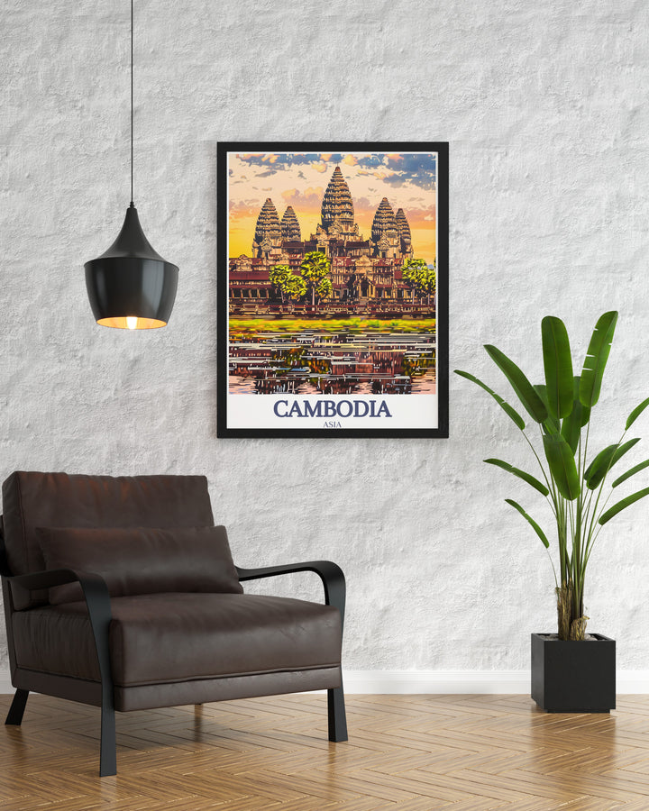 Enhance your space with this Angkor Wat Khmer travel poster. The intricate design captures the magnificence of Siem Reaps most famous landmark. Perfect for history enthusiasts and lovers of Southeast Asian art. A timeless piece for any decor.