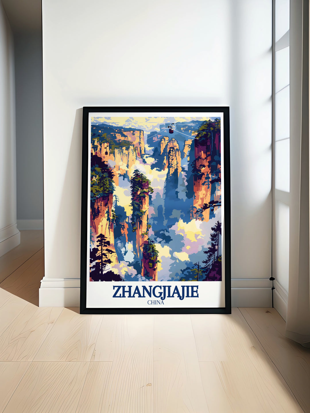 This vibrant travel print features Tianmen Mountain Cable Car, offering stunning aerial views of the surrounding mountains and valleys. The longest passenger cableway in the world is depicted in full glory, providing adventure lovers with a unique piece of art to celebrate their passion for travel and exploration.