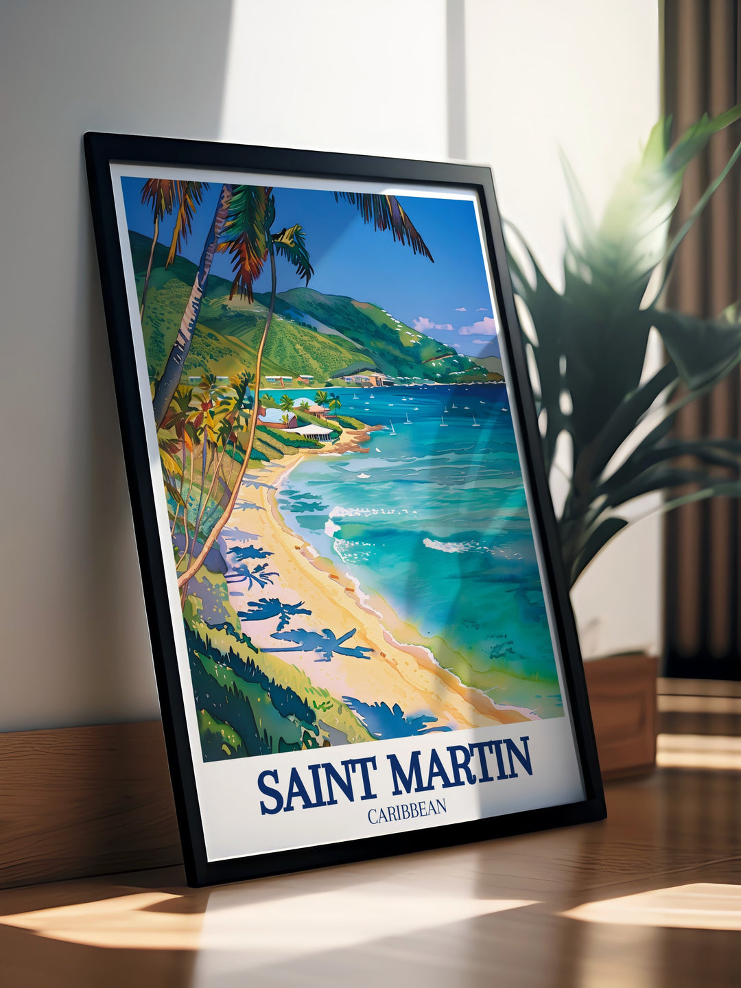 Bright and colorful poster of Saint Martins Cul de Sac Bay, reflecting the serene waters and inviting landscapes of the Caribbean. This artwork is perfect for beach inspired interiors, offering a relaxing escape through its beautiful design.