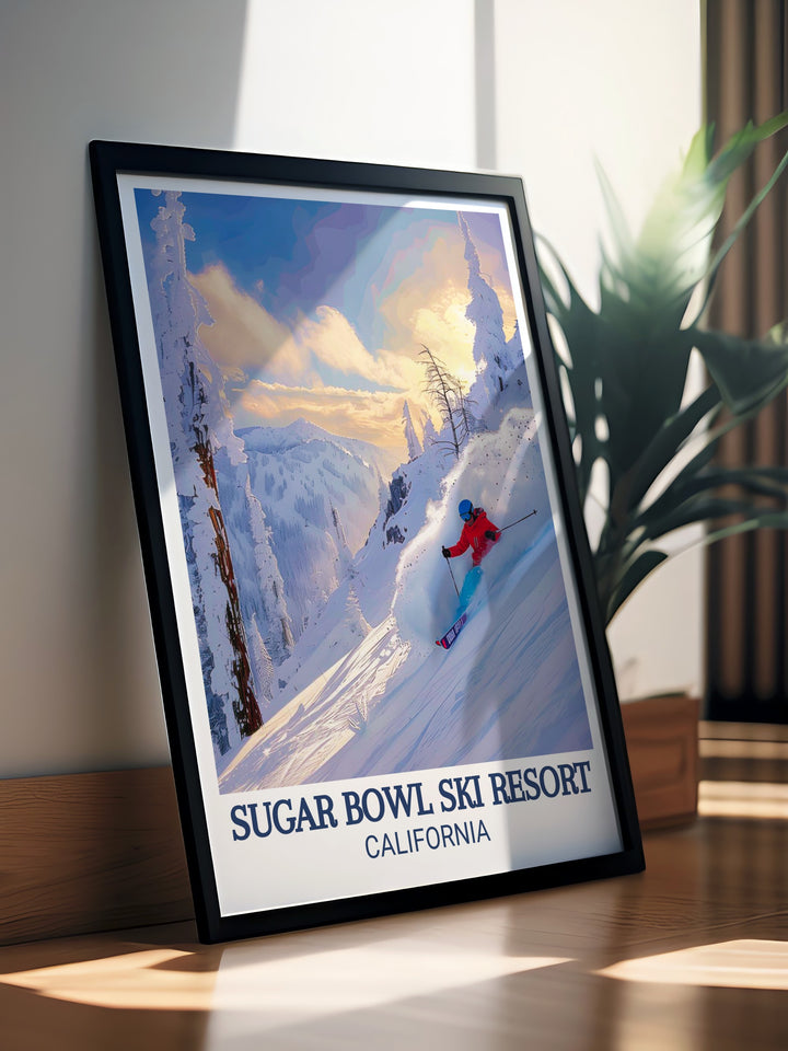 Terrain vintage travel print highlighting the excitement of Lake Tahoe skiing and the natural beauty of the Sierra Nevada mountains