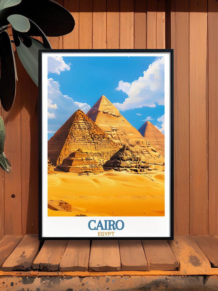 Celebrate the beauty of Egypt with this exquisite Pyramids of Giza poster ideal for home decor and personalized gifts capturing the vibrant colors and intricate details of the iconic landmarks.