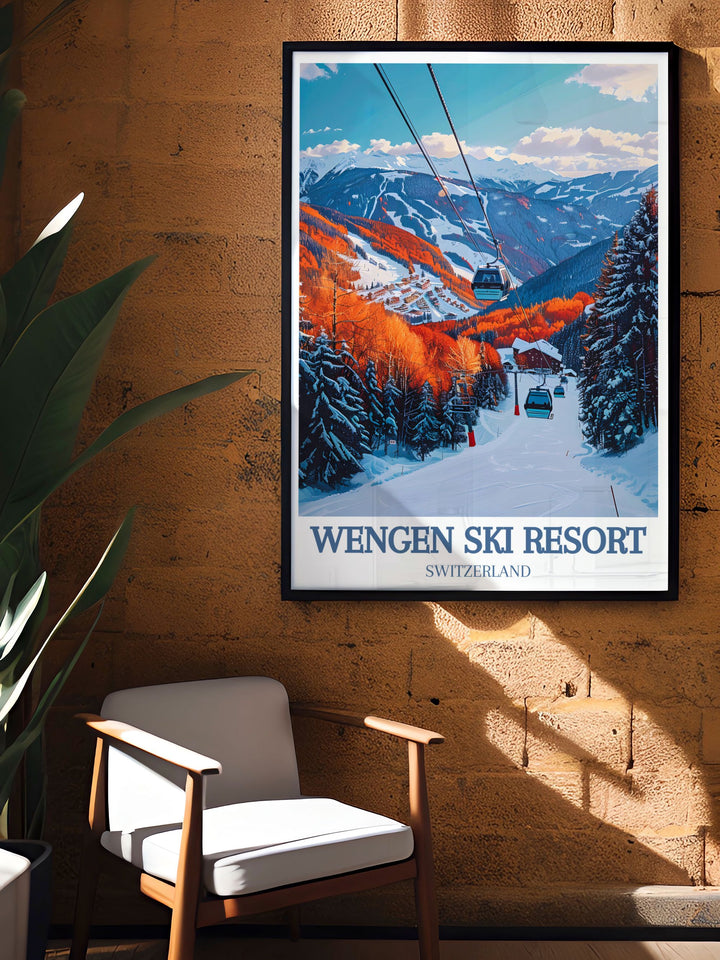 Framed art featuring the dramatic landscapes of Grindelwald, Switzerland. This print highlights the villages majestic mountains and serene beauty, making it an excellent addition to any room in need of a peaceful touch.