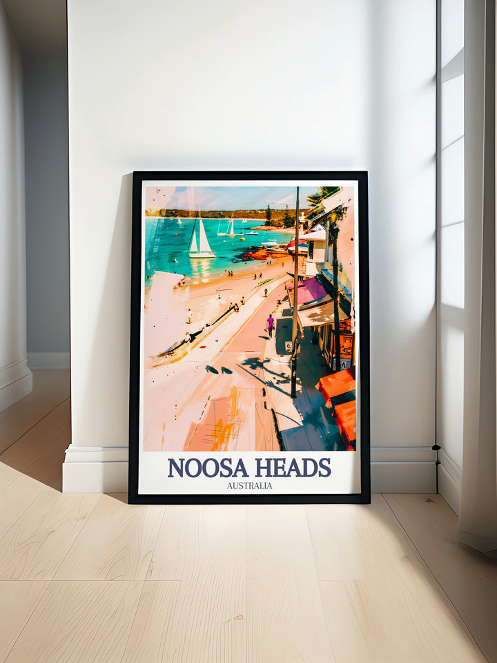 Colorful Noosa Heads Travel Poster featuring Laguna Bay and the bustling Hastings Street, illustrating the harmony between the natural coastal scenery and lively city atmosphere. A perfect choice for anyone looking to add a coastal, vibrant aesthetic to their home decor.