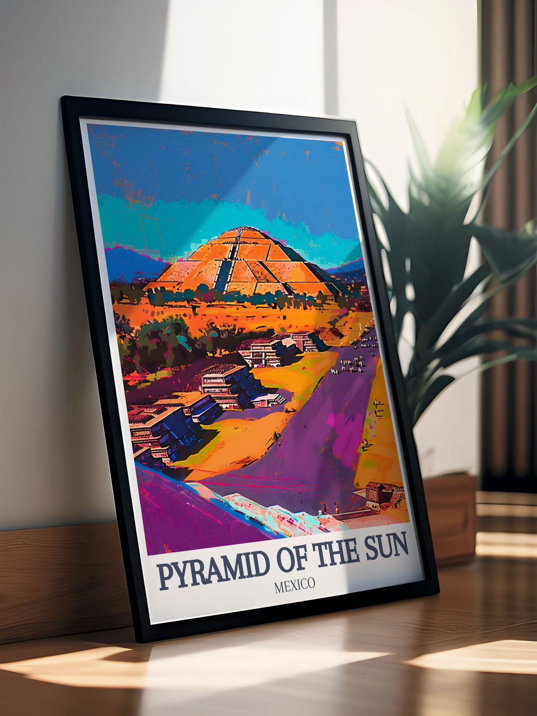 Teotihuacan Avenue of the Dead Quetzalcoatl Temple artwork showcasing the majestic Sun Pyramid bringing ancient Mexican history into your home with vivid colors and detailed designs perfect for enthusiasts of history and culture.