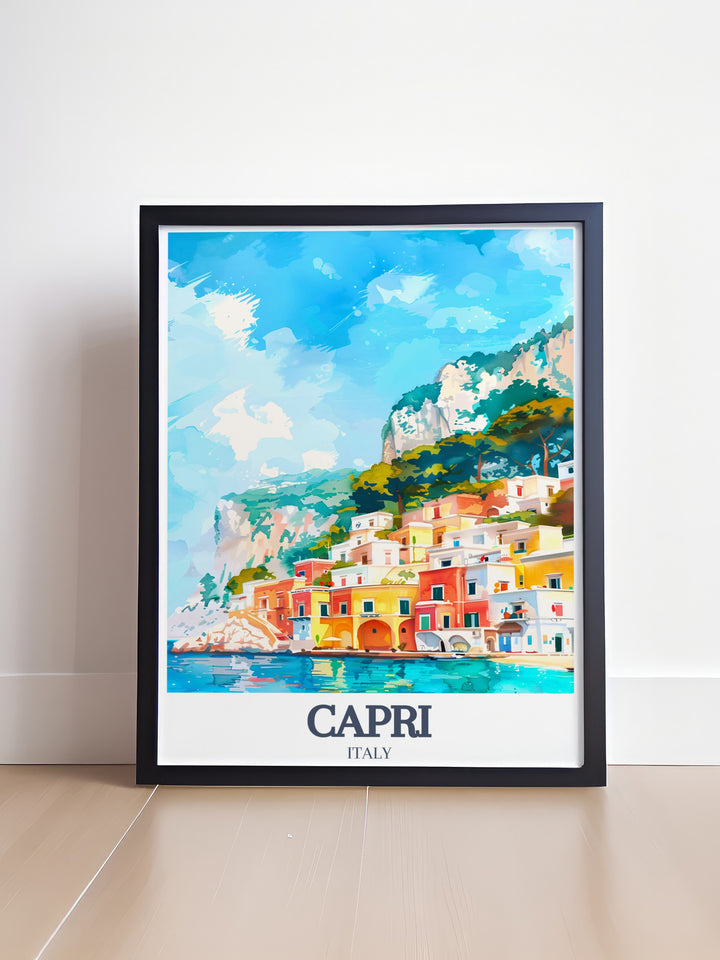 Stunning Capri Travel Print featuring the Faraglioni Rocks Capri Island and botanical garden landscapes This artwork brings the charm of the Mediterranean into your home creating a serene and sophisticated ambiance