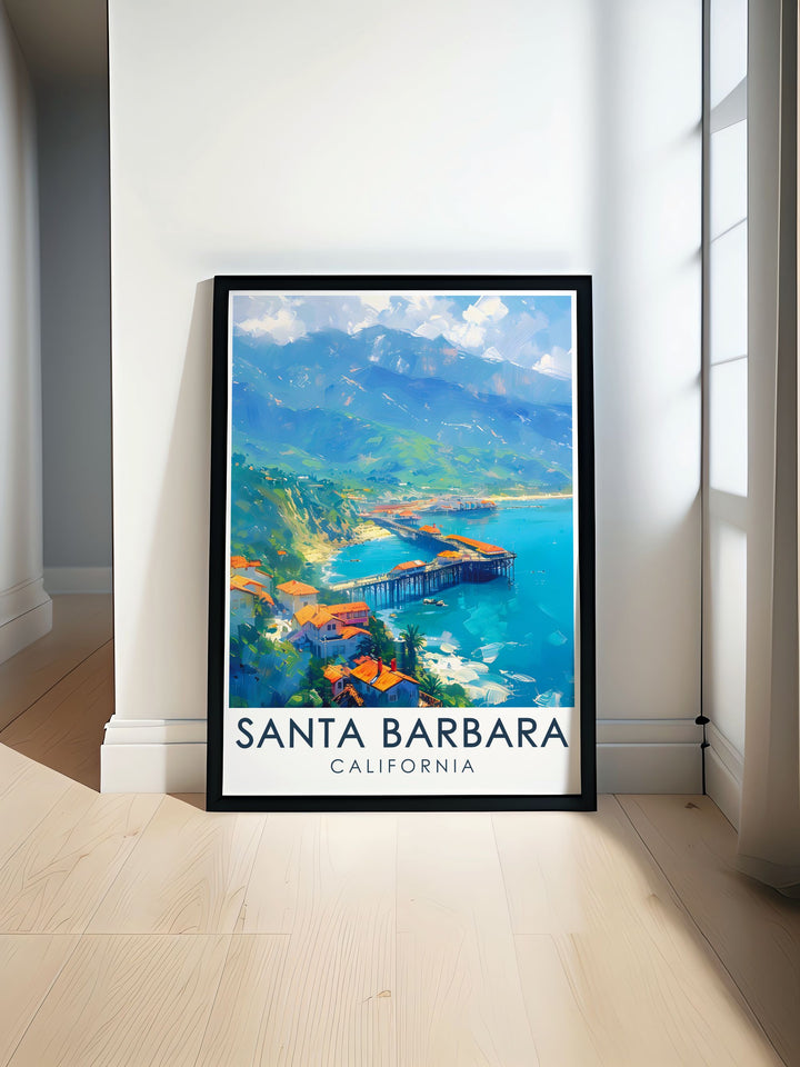 Stearns Wharf wall art featuring a detailed Santa Barbara city map brings the beauty of the coastline and urban charm into your living room colorful fine line prints perfect for anniversary gifts birthday gifts or Christmas gifts for friends and family