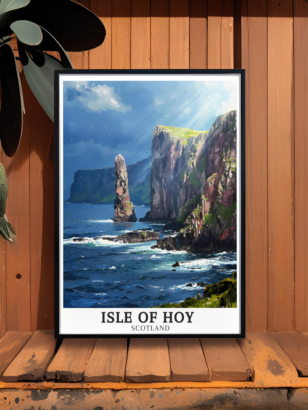 The Old Man of Hoy, one of Scotlands most iconic landmarks, is beautifully depicted alongside St Johns Head in this Isle of Hoy travel print. The combination of the towering sea stack and the dramatic cliffs creates a breathtaking scene that is perfect for any home decor.