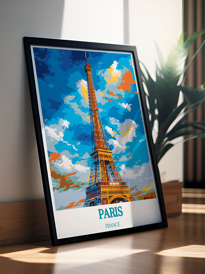 Bright Paris Wall Art with a colorful depiction of the Eiffel Tower. A vibrant addition to any room, this travel print poster also makes a great gift for those who cherish Paris.