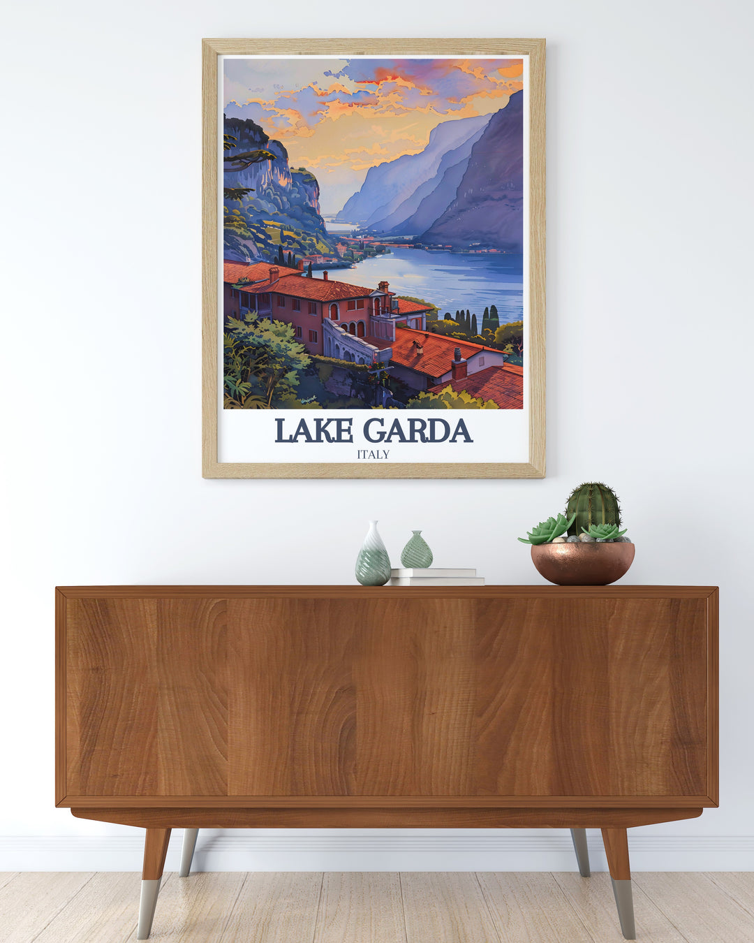 Vibrant Lake Garda poster showcasing Isola del Garda and Garda town designed to elevate your living room decor with modern art prints. This Italy poster is a wonderful gift for loved ones and travel enthusiasts looking to add Italy art to their space.