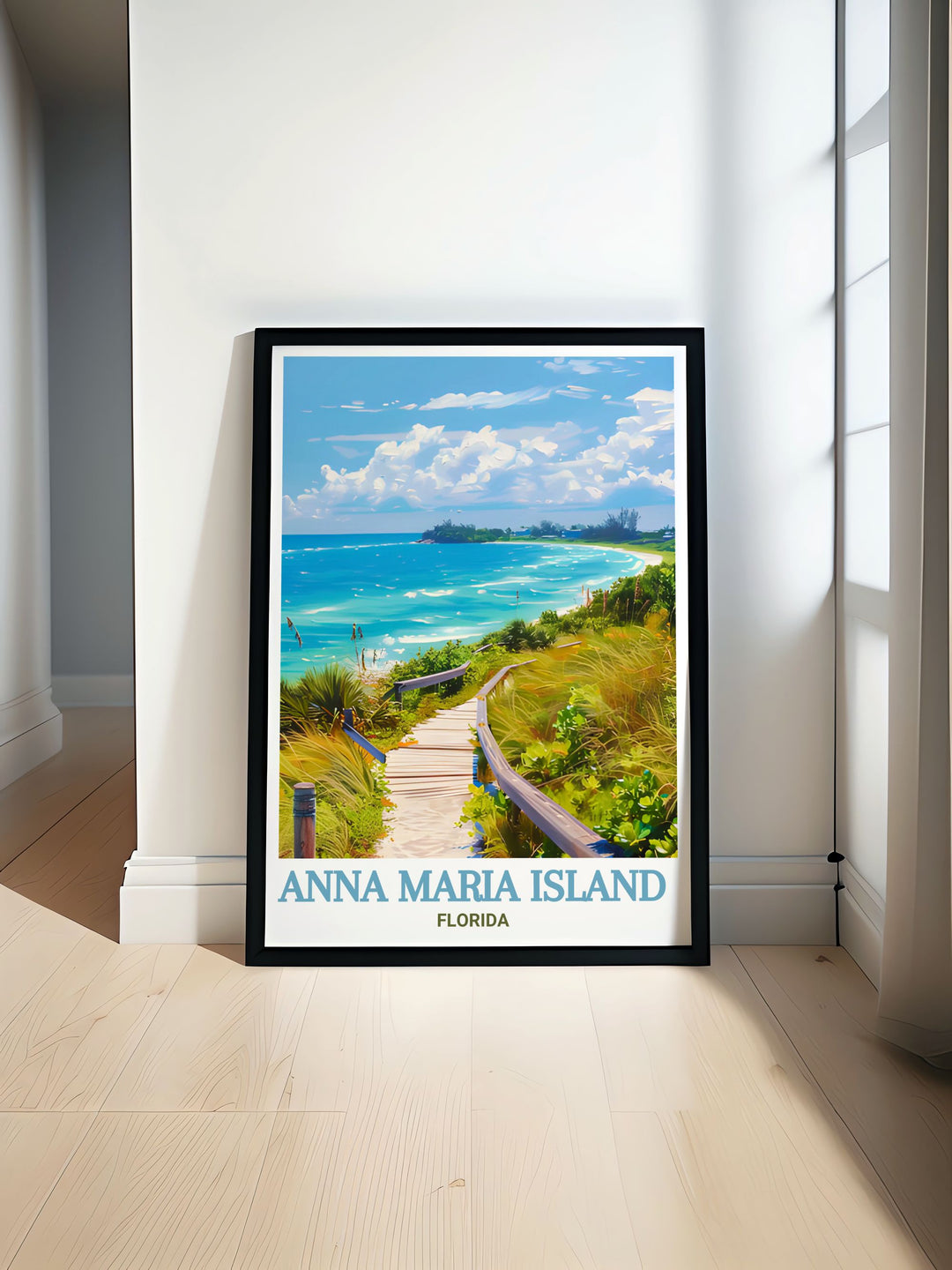 Leffis Key Preserve art print showcases the natural beauty of Floridas Anna Maria Island with its lush greenery and tranquil waters. This modern decor piece brings a touch of elegance to any living room or office with its soft colors and calming landscape.