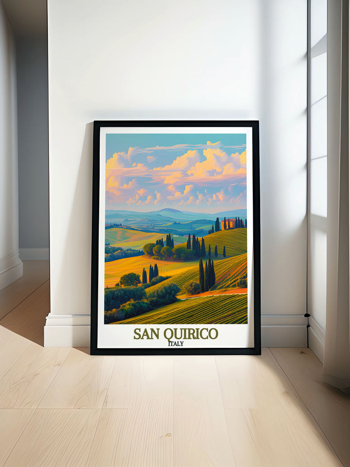 San Quirico Archway Poster Print offers colorful art perfect for any room. Paired with Val dOrcia Hills modern prints this travel print brings a vibrant and elegant touch to your home decor. Great for personalized gifts and stunning living room decor.