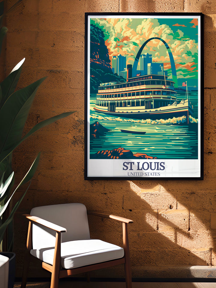 Captivating St Louis travel print showcasing Mississippi River and Gateway Arch elegant home decor piece that highlights the beauty and history of Missouri perfect for enhancing any room with vibrant city colors and detailed artistic design