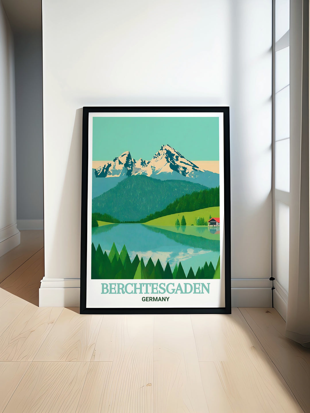 Berchtesgaden National Park modern prints showcase the stunning scenery of lush forests and snow capped mountains perfect for nature enthusiasts and travel lovers who want to bring a touch of Bavaria into their home decor