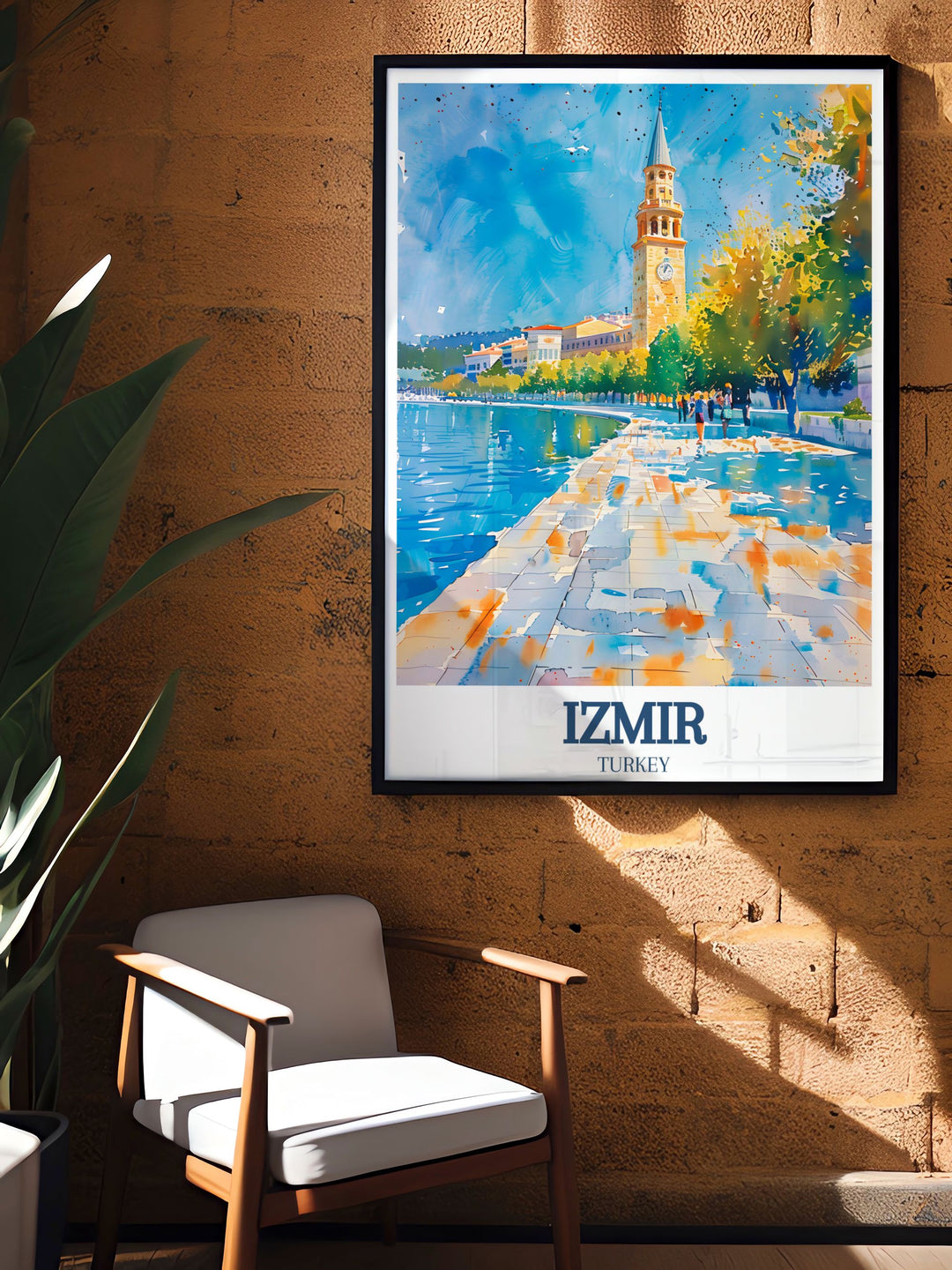 This Turkey travel poster captures the timeless charm of Izmir with its famous Clock Tower and Kordon Promenade. A perfect gift for travel lovers, this artwork brings the beauty of Turkey to your home.