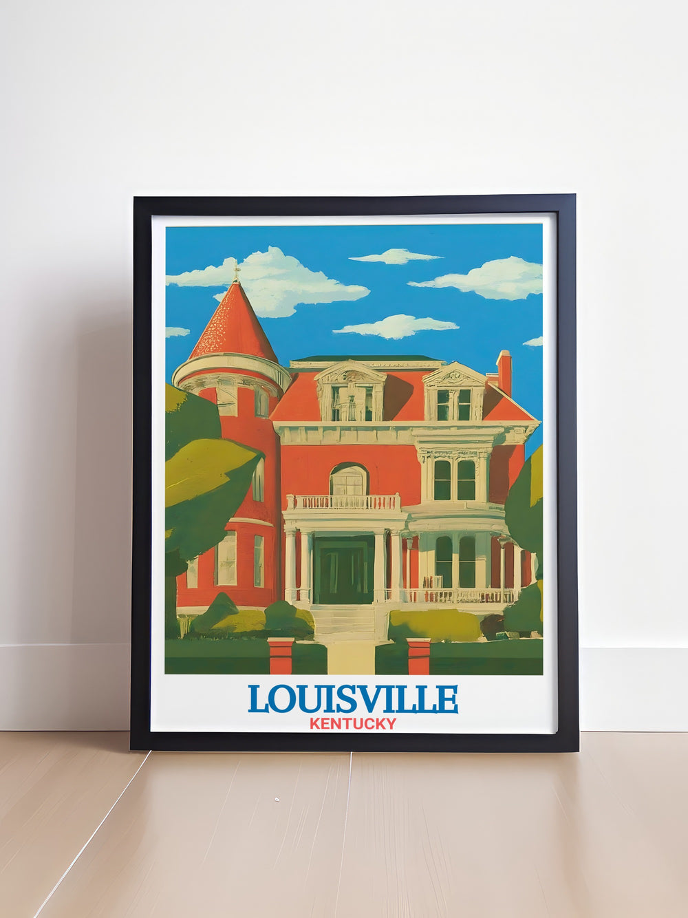 This Louisville poster print showcases the beautiful Victorian architecture of Old Louisville, combined with Kentuckys iconic skyline. Perfect for lovers of Kentuckys history and culture, this travel print captures the charm and elegance of Louisvilles historic district in rich, detailed artwork.