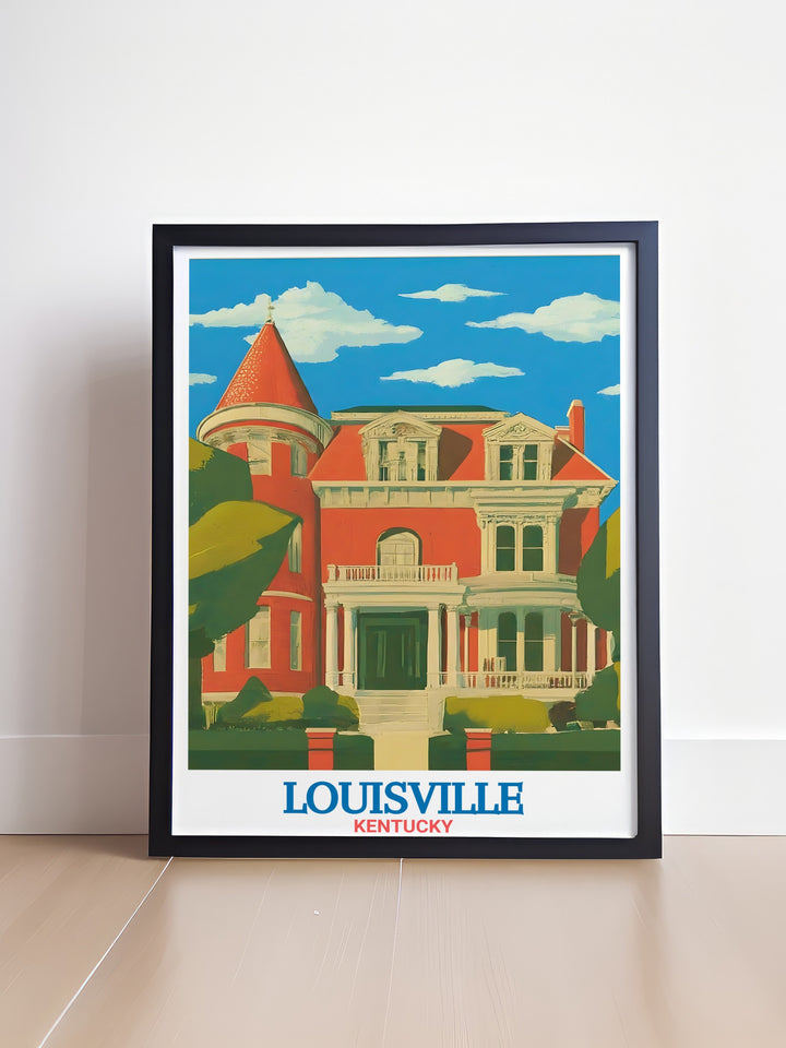 This Louisville poster print showcases the beautiful Victorian architecture of Old Louisville, combined with Kentuckys iconic skyline. Perfect for lovers of Kentuckys history and culture, this travel print captures the charm and elegance of Louisvilles historic district in rich, detailed artwork.