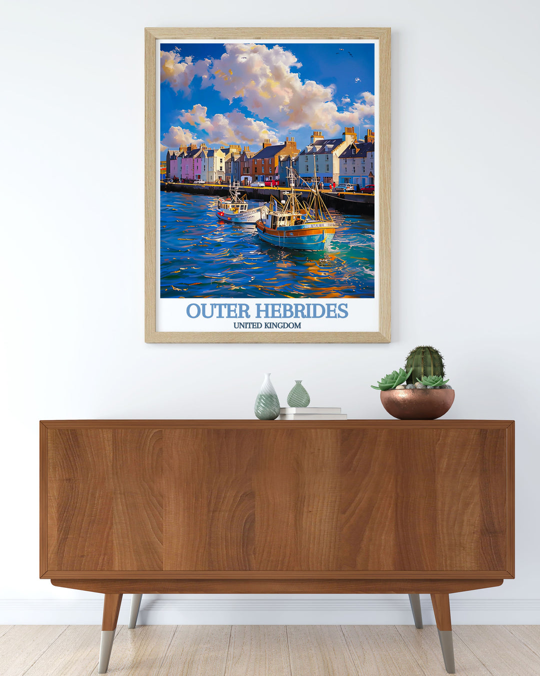 Elegant home decor with Benbecula poster and Stornoway Harbour print ideal for creating a serene and captivating atmosphere in any room