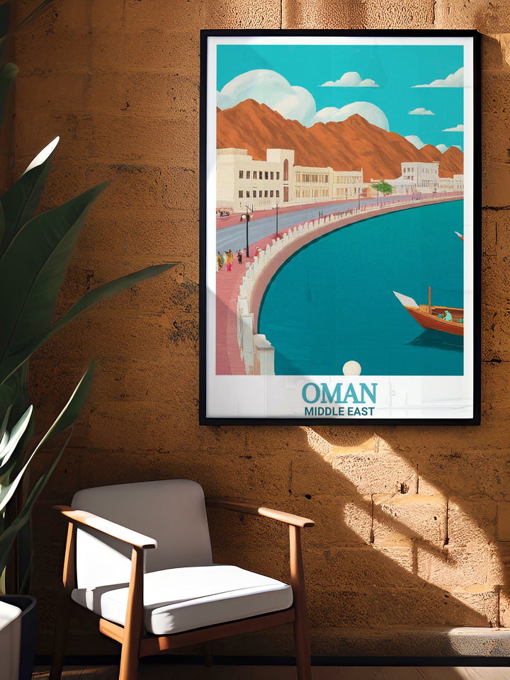 Featuring Omans Mutrah Corniche, this travel poster brings the beauty of Muscats waterfront into your home. Perfect for lovers of Middle Eastern art and architecture, the vibrant colors and intricate design capture the essence of Oman.