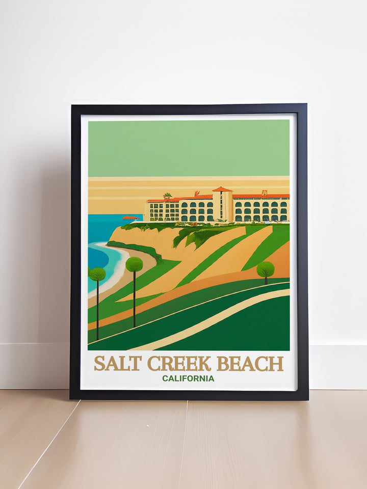 The combination of Salt Creek Beachs natural beauty and the Ritz Carlton Laguna Niguels luxury is beautifully captured in this print. The artwork offers a serene and sophisticated addition to your decor, perfect for those who love the California coastline.