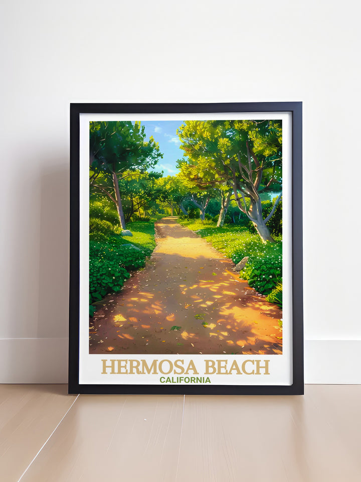 A beautiful travel poster featuring Hermosa Beach and Veterans Parkway. The vibrant colors and scenic views make it an ideal addition to any home or office, bringing the coastal charm of Californias beach towns into your décor.