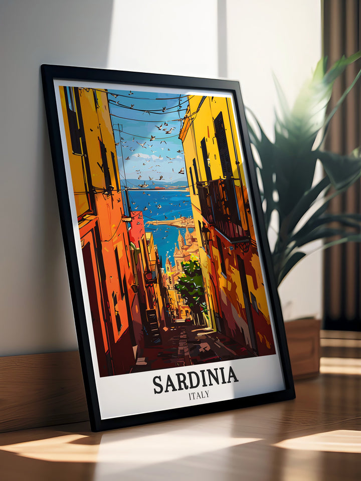 Modern illustration of Cagliari Poetto Beach in Sardinia. A perfect Sardinia wall art piece to enhance your living space with Mediterranean Island vibes. Featuring the sandy shores of Sardinian beaches, this artwork reflects the elegance of Italian heritage and design.