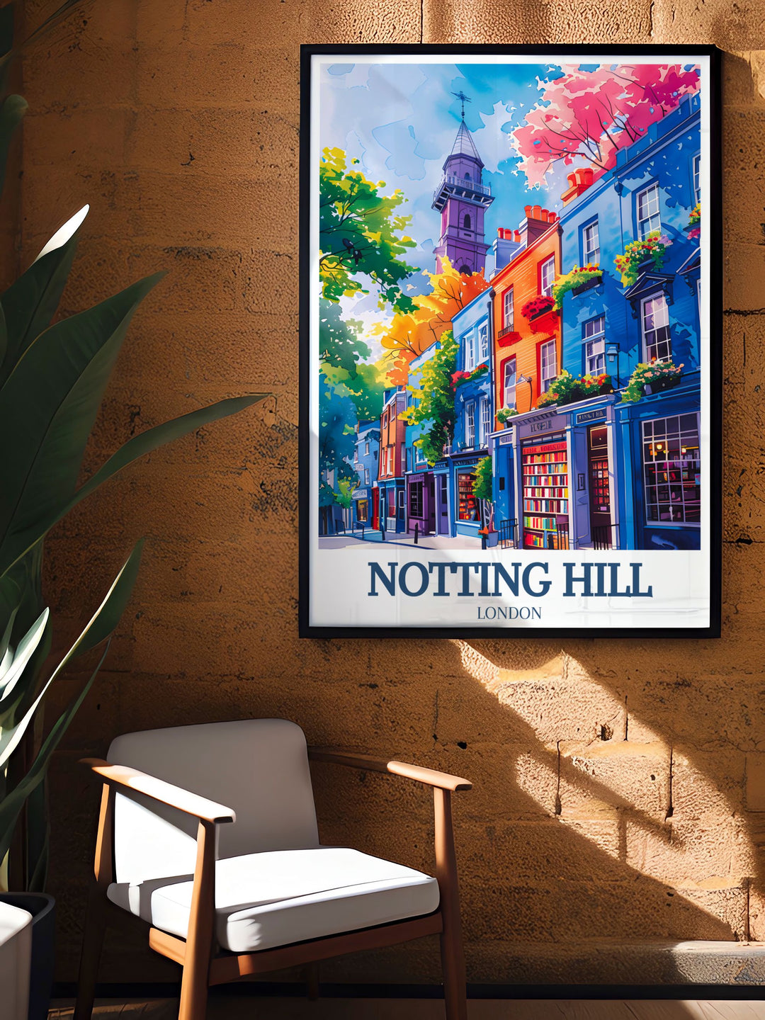 Notting Hill Bookshop and St. Peters Church take center stage in this stunning Notting Hill poster ideal for those who love the vibrant atmosphere of Portobello Road and West London art making a great addition to your home or as a unique gift