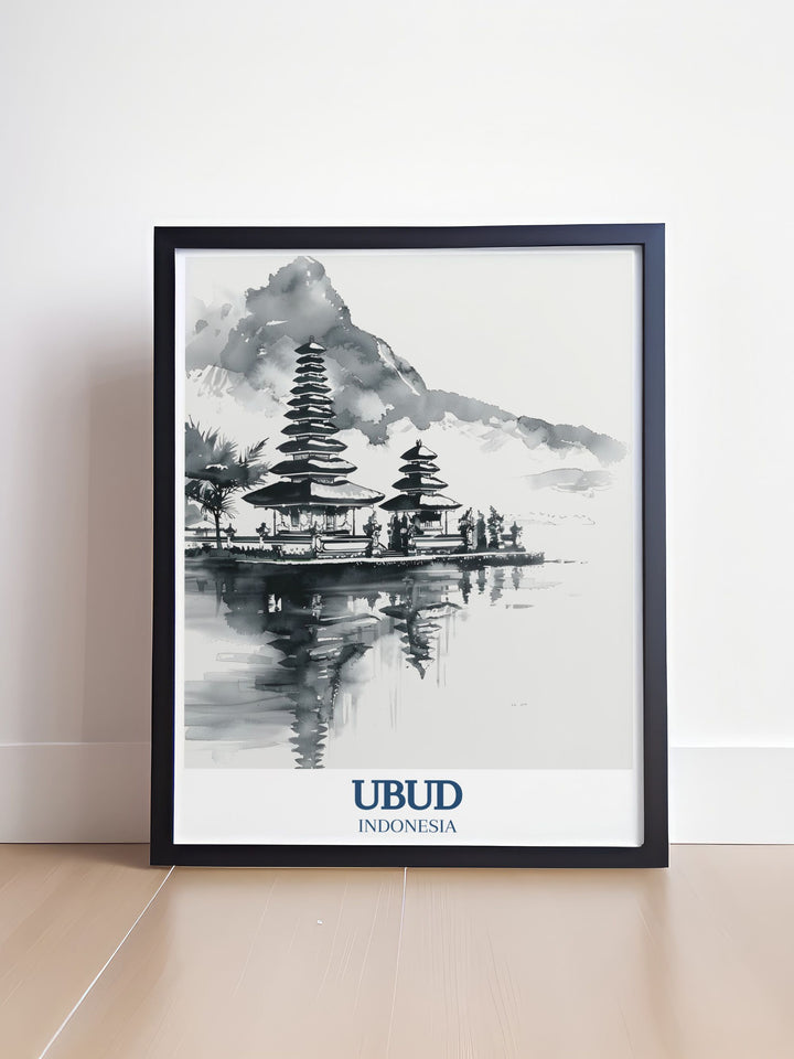 This Bali travel poster captures the tranquility of Ubud, featuring the Pura Ulun Danu Bratan temple reflected in Lake Bratan. The fine details and soothing colors make it an ideal art print for home décor, perfect for lovers of Bali and Indonesian culture.