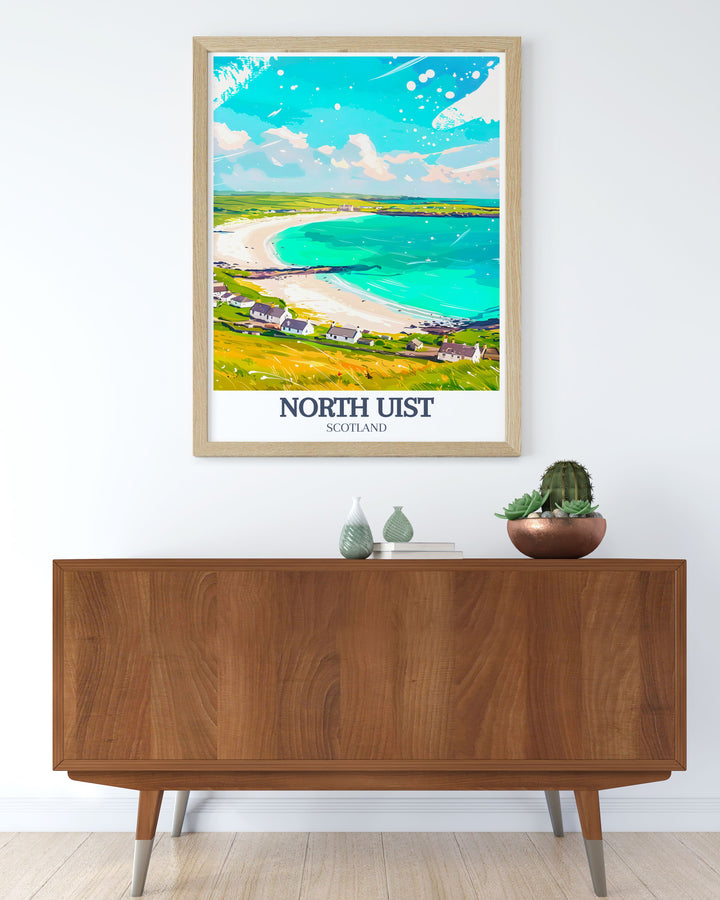 This North Uist poster print showcases the wild beauty of Scotlands Outer Hebrides, featuring the iconic Eaval Mountain and the tranquil Sollas Beach. Perfect for nature lovers and adventure seekers, this travel print brings a piece of Scotland into your home decor.