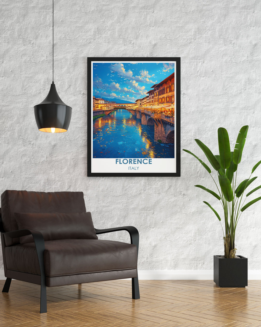 Vintage poster highlighting the Ponte Vecchio, showcasing its timeless beauty and scenic surroundings.