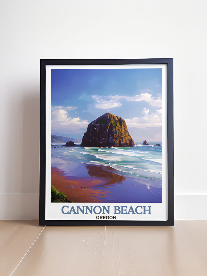 Cannon Beach travel poster highlighting the picturesque scenery of Haystack Rock ideal for those who love to travel and appreciate fine art prints and detailed city maps