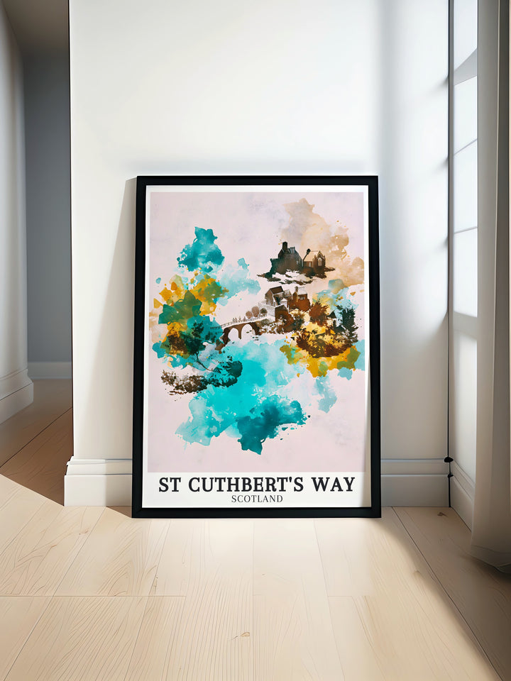 Holy Island Walkhighlands scenery depicted in St Cuthberts Way poster print showcasing Lindisfarne Castle and Melrose Abbey a perfect addition for hiking enthusiasts and lovers of Northumberland and Scottish borders artwork